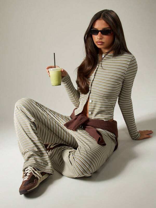 MISSGUIDED Striped Button Front Crop Top With Palazzo Pants