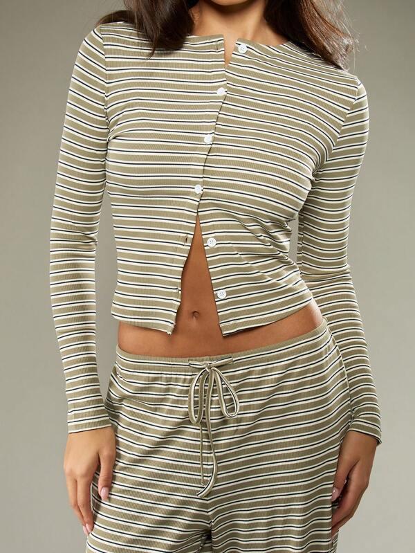 MISSGUIDED Striped Button Front Crop Top With Palazzo Pants