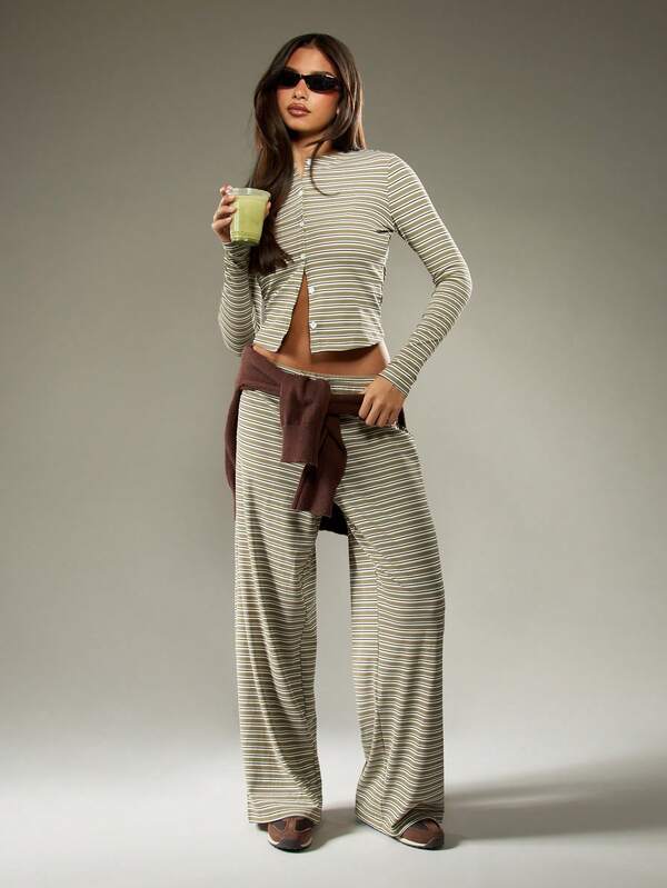 MISSGUIDED Striped Button Front Crop Top With Palazzo Pants