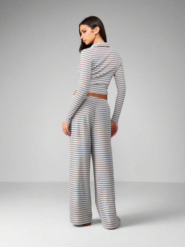 MISSGUIDED Striped Button Front Crop Top With Wide Leg Pants Set