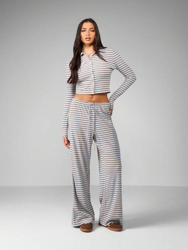 MISSGUIDED Striped Button Front Crop Top With Wide Leg Pants Set
