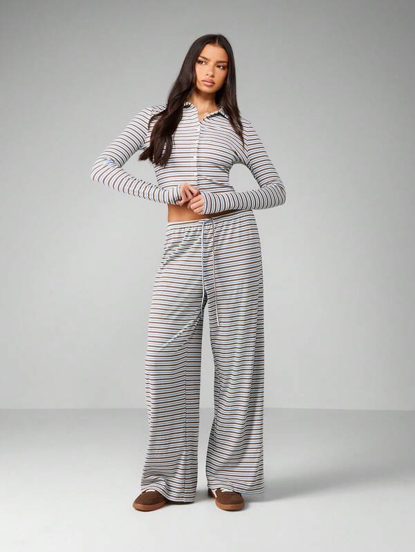 MISSGUIDED Striped Button Front Crop Top With Wide Leg Pants Set