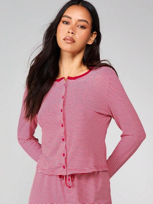 MISSGUIDED Striped Button Front Long Sleeve Lounge Set With Shorts
