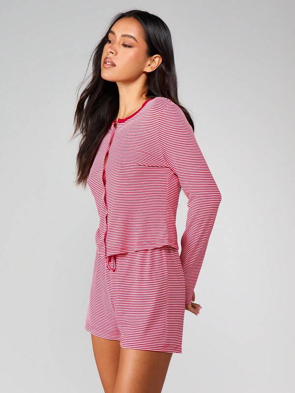 MISSGUIDED Striped Button Front Long Sleeve Lounge Set With Shorts