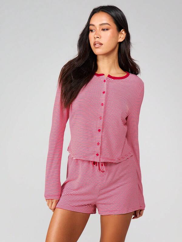 MISSGUIDED Striped Button Front Long Sleeve Lounge Set With Shorts