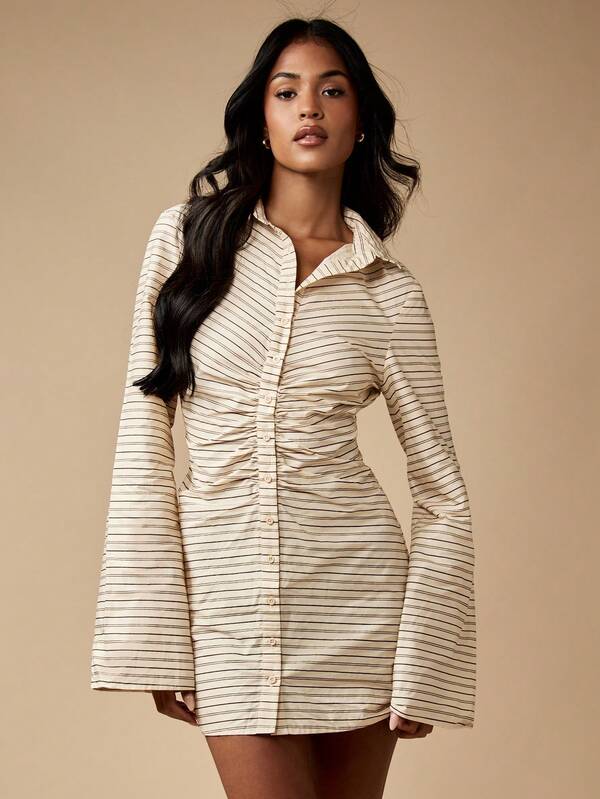 MISSGUIDED Striped Button Front Mini Dress With Bell Sleeves And Ruched Waist