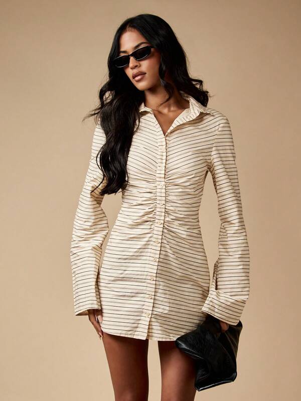MISSGUIDED Striped Button Front Mini Dress With Bell Sleeves And Ruched Waist