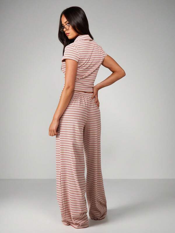 MISSGUIDED Striped Button Front Shirt And Wide Leg Pants Co Ord Set For Women Layering Casual Matching Two Piece Outfit