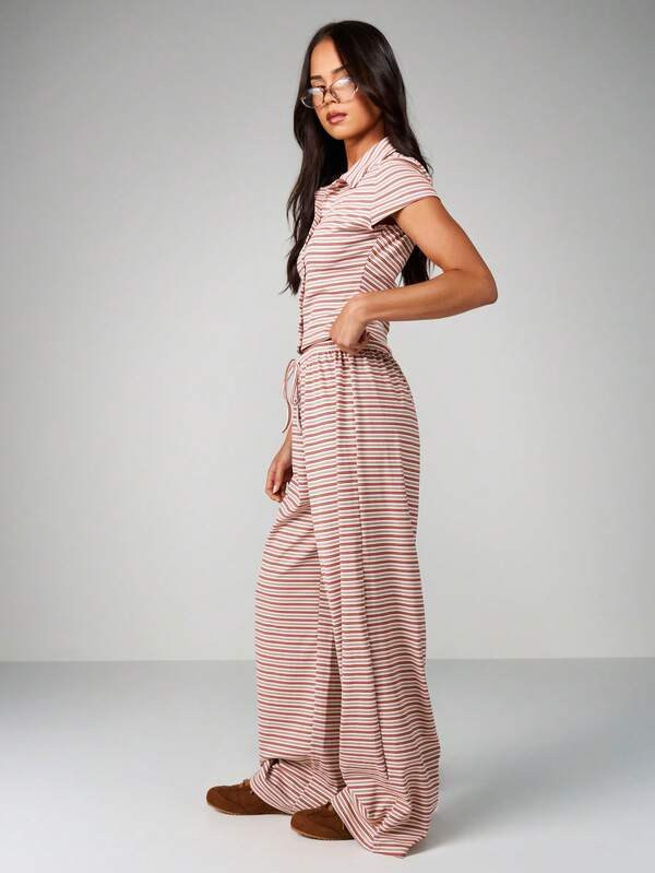 MISSGUIDED Striped Button Front Shirt And Wide Leg Pants Co Ord Set For Women Layering Casual Matching Two Piece Outfit