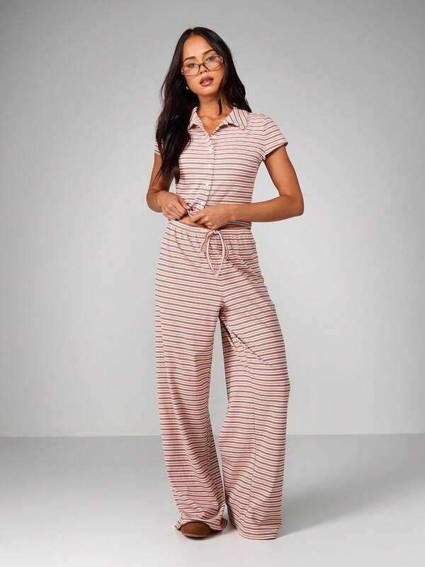 MISSGUIDED Striped Button Front Shirt And Wide Leg Pants Co Ord Set For Women Layering Casual Matching Two Piece Outfit