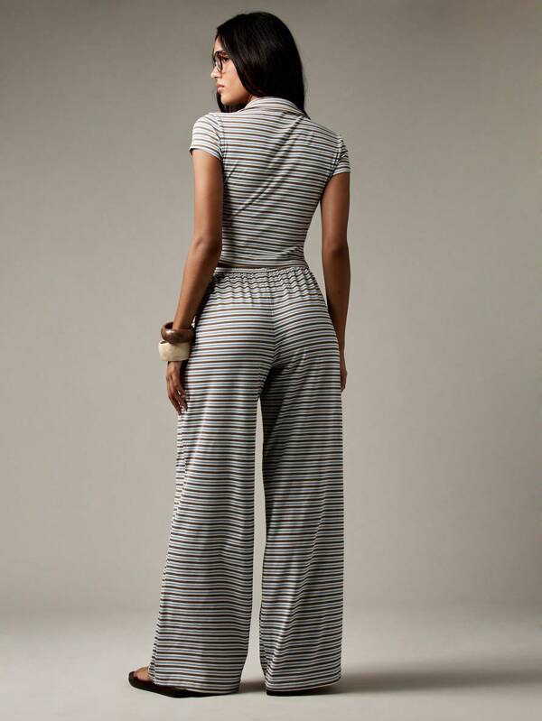 MISSGUIDED Striped Button Through Crop Top And Palazzo Pants Set
