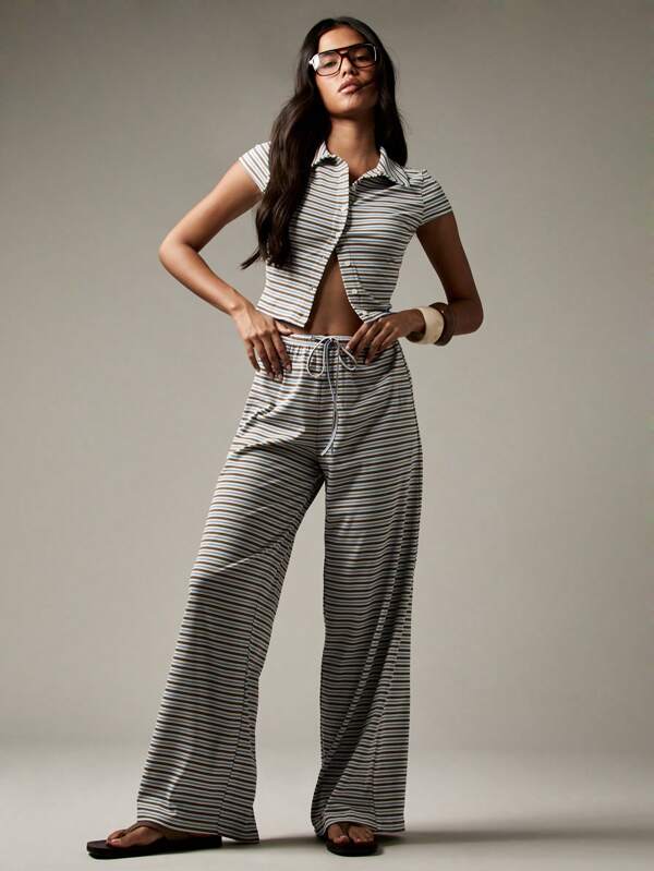 MISSGUIDED Striped Button Through Crop Top And Palazzo Pants Set