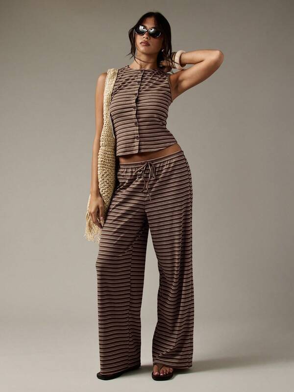 MISSGUIDED Striped Button Through Crop Top And Wide Leg Pants