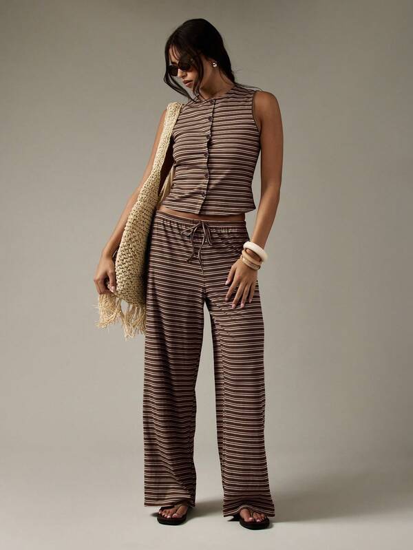 MISSGUIDED Striped Button Through Crop Top And Wide Leg Pants
