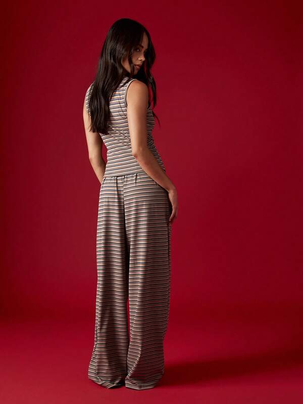MISSGUIDED Striped Button Through Top And Wide Leg Pants Set