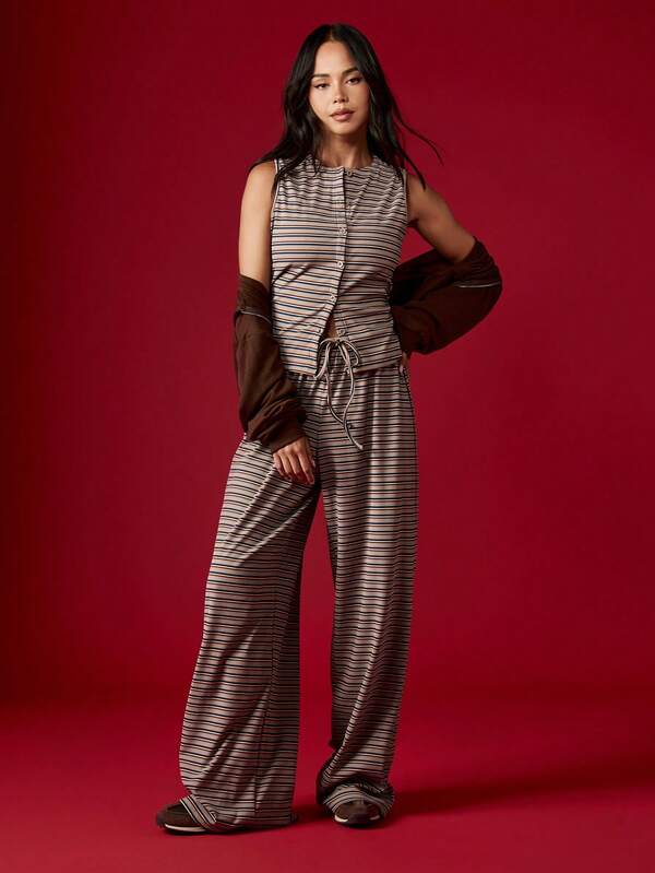 MISSGUIDED Striped Button Through Top And Wide Leg Pants Set