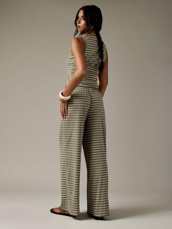 MISSGUIDED Striped Button Through Wide Leg Drawstring Two Piece Outfits