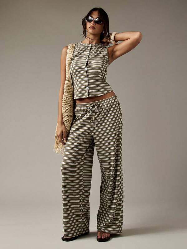 MISSGUIDED Striped Button Through Wide Leg Drawstring Two Piece Outfits