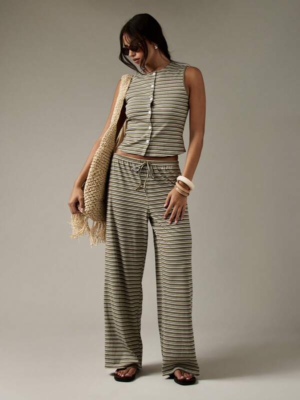 MISSGUIDED Striped Button Through Wide Leg Drawstring Two Piece Outfits