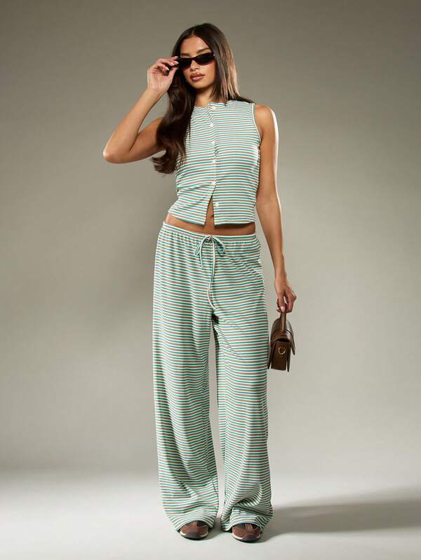 MISSGUIDED Striped Button Up Co Ord With Wide Leg Pants