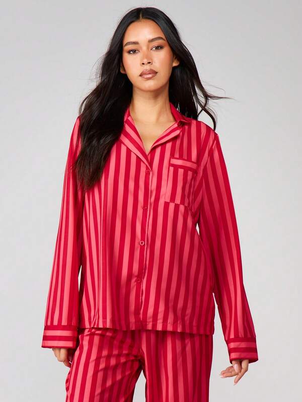 MISSGUIDED Striped Button Up Pajama Set With Long Sleeves