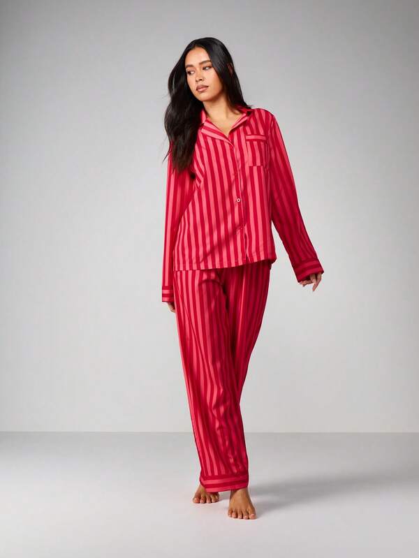 MISSGUIDED Striped Button Up Pajama Set With Long Sleeves