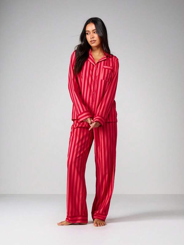 MISSGUIDED Striped Button Up Pajama Set With Long Sleeves
