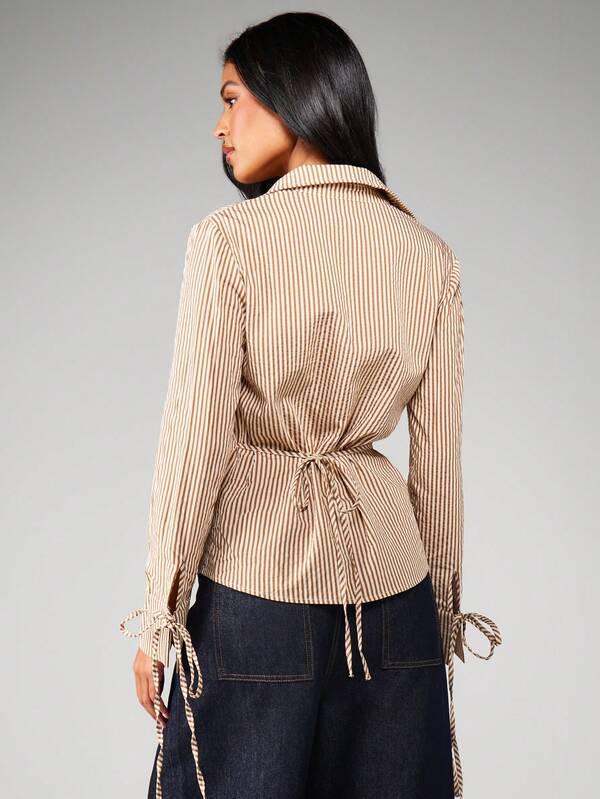 MISSGUIDED Striped Button Up Shirt With Tie Detail
