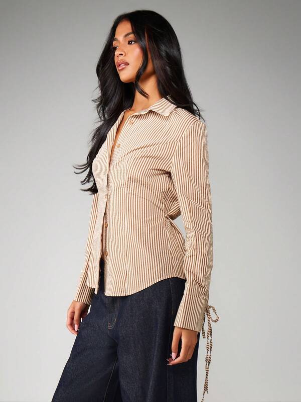 MISSGUIDED Striped Button Up Shirt With Tie Detail
