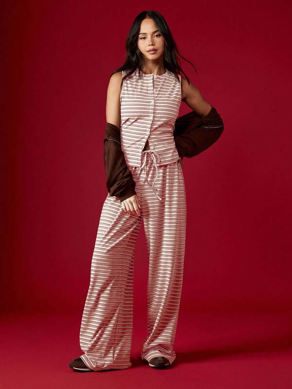 MISSGUIDED Striped Button Up Sleeveless Set With Drawstring Pants