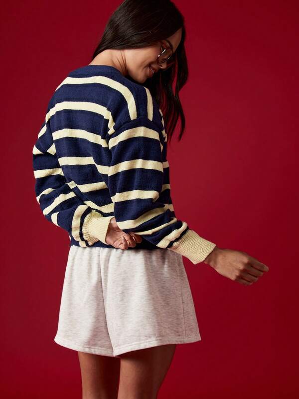 MISSGUIDED Striped Button Up V Neck Cardigan With Ribbed Trim