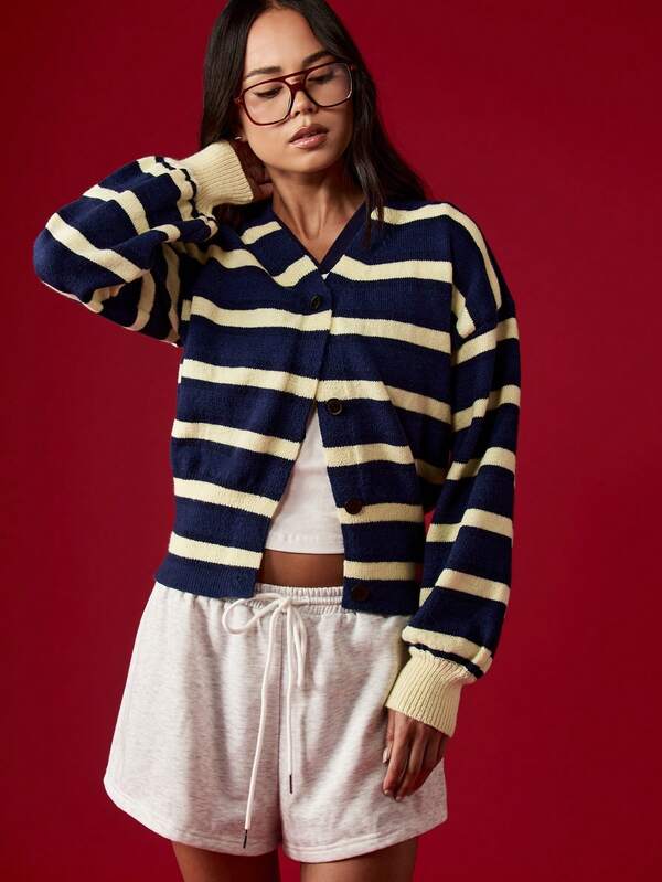 MISSGUIDED Striped Button Up V Neck Cardigan With Ribbed Trim