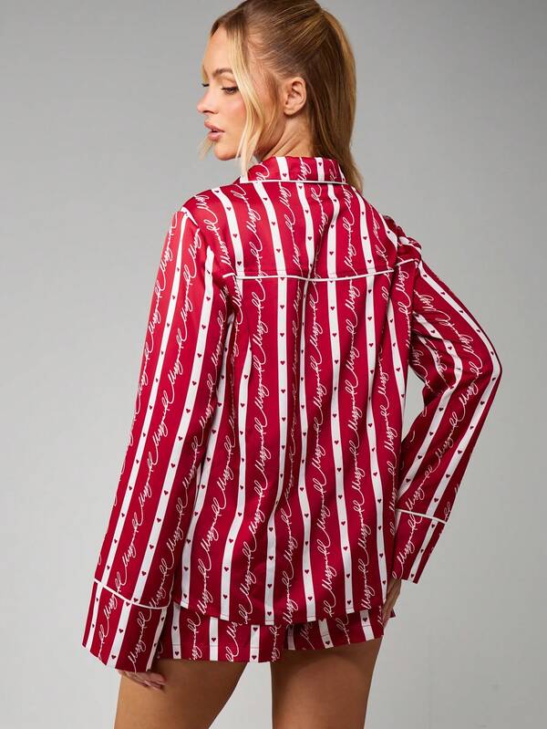MISSGUIDED Striped Christmas Pajama Set With Button Up Shirt