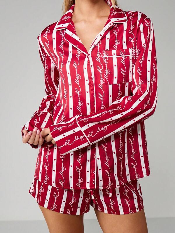 MISSGUIDED Striped Christmas Pajama Set With Button Up Shirt