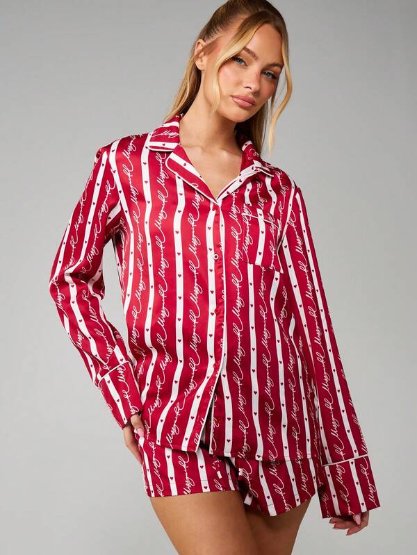 MISSGUIDED Striped Christmas Pajama Set With Button Up Shirt