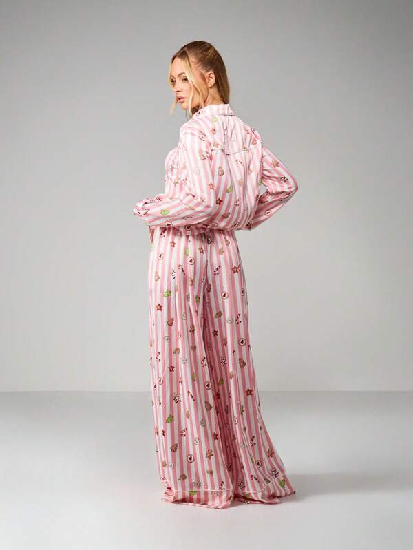 MISSGUIDED Striped Christmas Pajama Set With Holiday Motifs