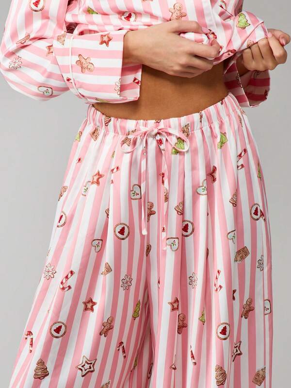 MISSGUIDED Striped Christmas Pajama Set With Holiday Motifs
