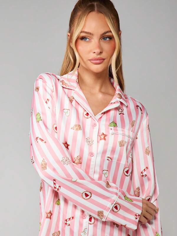 MISSGUIDED Striped Christmas Pajama Set With Holiday Motifs