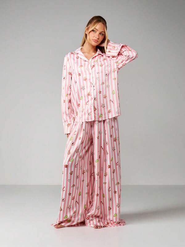 MISSGUIDED Striped Christmas Pajama Set With Holiday Motifs
