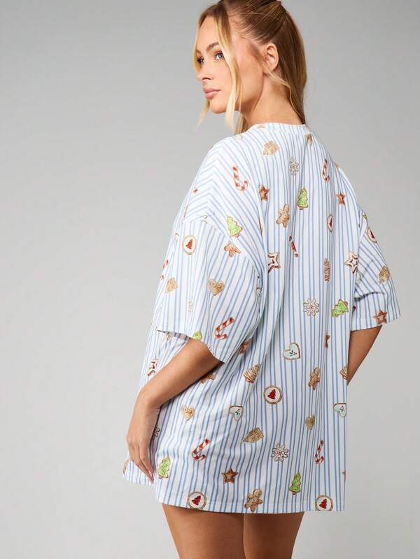 MISSGUIDED Striped Christmas Sleep Shirt With Holiday Print