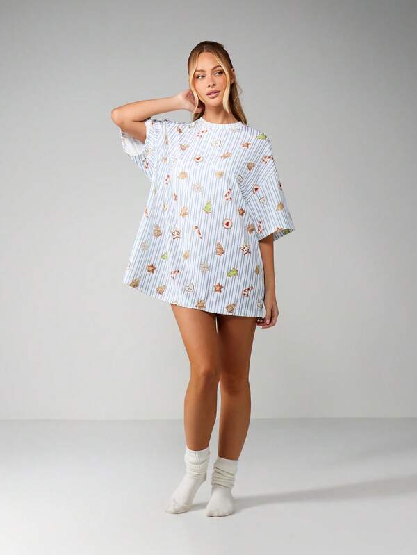 MISSGUIDED Striped Christmas Sleep Shirt With Holiday Print