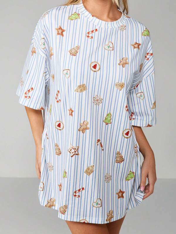 MISSGUIDED Striped Christmas Sleep Shirt With Holiday Print