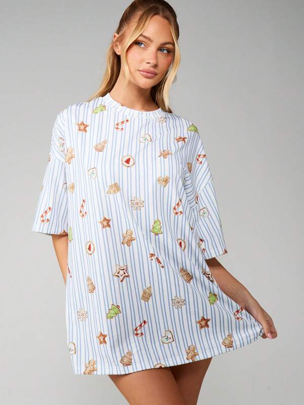 MISSGUIDED Striped Christmas Sleep Shirt With Holiday Print