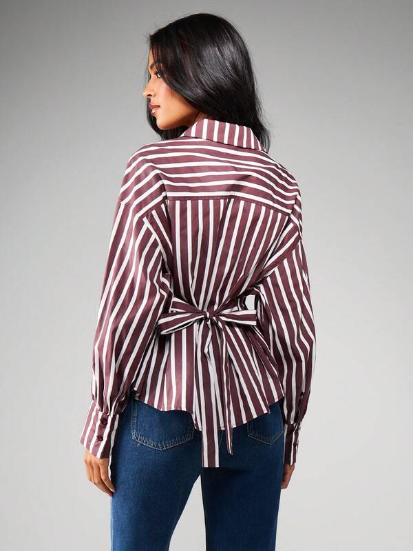 MISSGUIDED Striped Collared Button Down Blouse With Tie Back