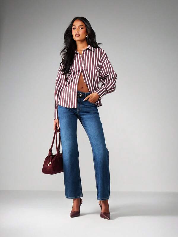 MISSGUIDED Striped Collared Button Down Blouse With Tie Back