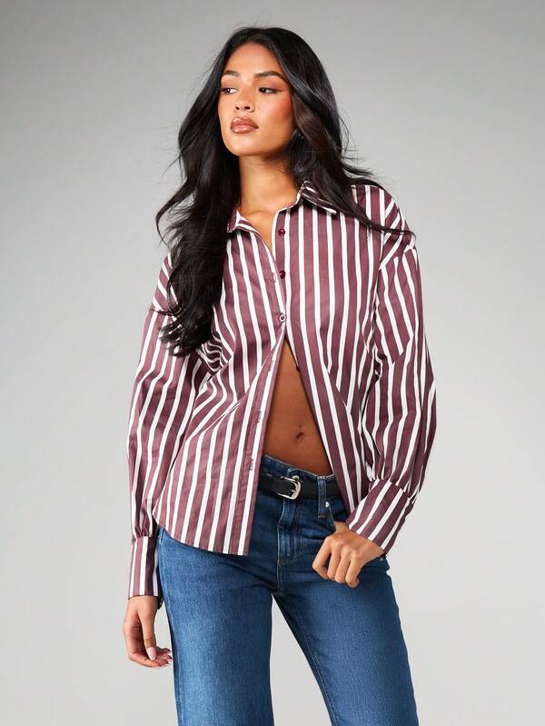 MISSGUIDED Striped Collared Button Down Blouse With Tie Back