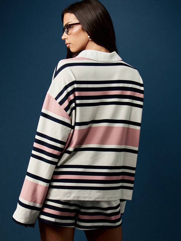 MISSGUIDED Striped Collared Crop Top And Shorts Matching Set