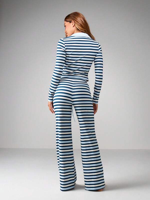 MISSGUIDED Striped Collared Crop Top With Wide Leg Pants Set