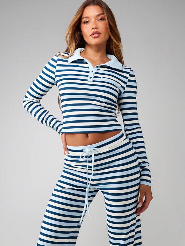 MISSGUIDED Striped Collared Crop Top With Wide Leg Pants Set