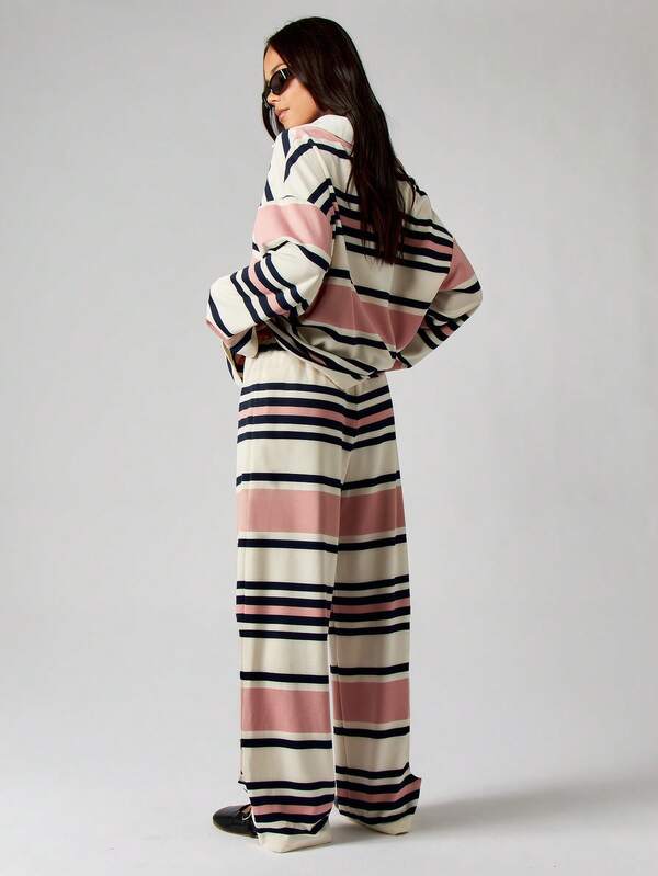 MISSGUIDED Striped Collared Pullover And Wide Leg Pants Set